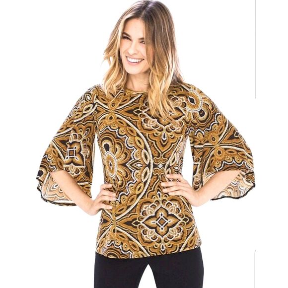 Chico's Tops - CHICO'S Sunflower Medallion Flare Sleeve Top Chicos 0 Small 4 Brown Black Gold